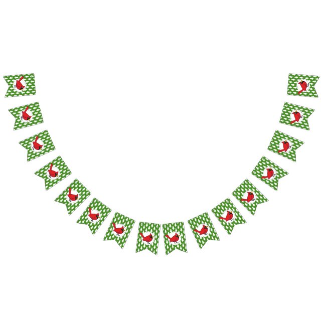 Cartoon Red Cardinal on Green White Pines Pattern Bunting Flags (All)