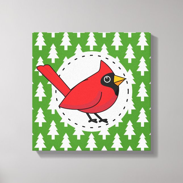 Cartoon Red Cardinal on Green White Pines Pattern Canvas Print (Front)
