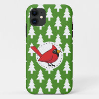 Cartoon Red Cardinal on Green White Pines Pattern