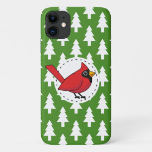 Cartoon Red Cardinal on Green White Pines Pattern iPhone 11 Case