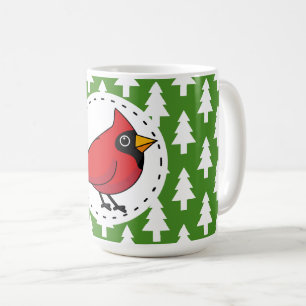 Cartoon Red Cardinal on Green White Pines Pattern Coffee Mug