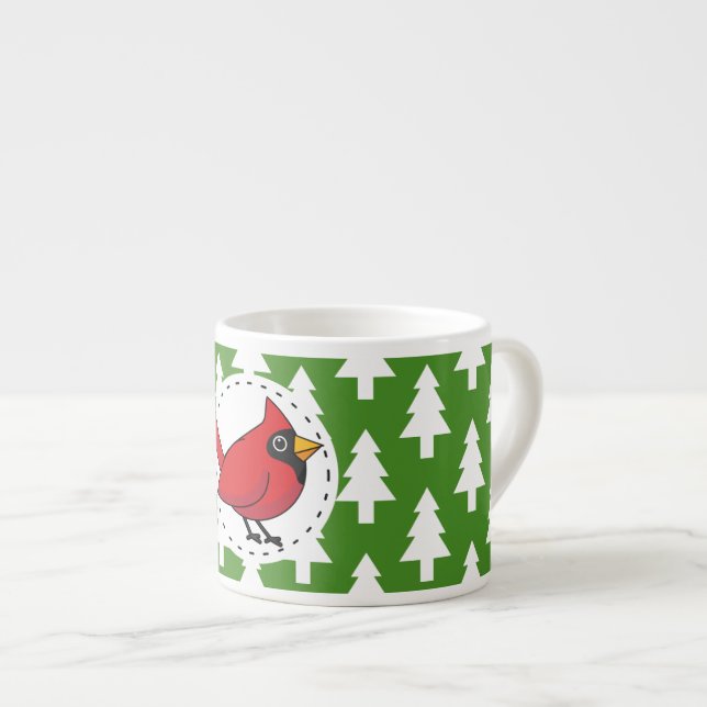 Cartoon Red Cardinal on Green White Pines Pattern Espresso Cup (Front Right)