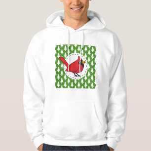 Cartoon Red Cardinal on Green White Pines Pattern Hoodie