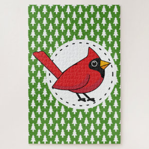Cartoon Red Cardinal on Green White Pines Pattern Jigsaw Puzzle