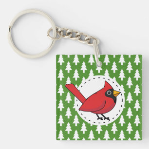 Cartoon Red Cardinal on Green White Pines Pattern Keychain