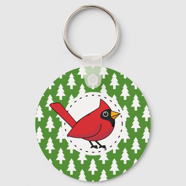 Cartoon Red Cardinal on Green White Pines Pattern Keychain (Front)