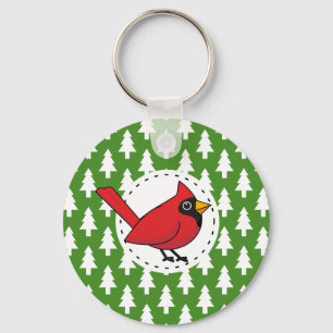 Cartoon Red Cardinal on Green White Pines Pattern Keychain