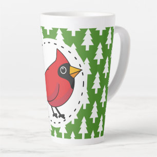 Cartoon Red Cardinal on Green White Pines Pattern Latte Mug