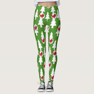 Cartoon Red Cardinal on Green White Pines Pattern Leggings