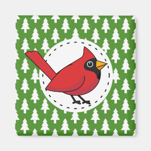 Cartoon Red Cardinal on Green White Pines Pattern Magnet