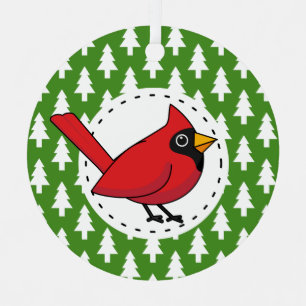 Cartoon Red Cardinal on Green White Pines Pattern Metal Ornament