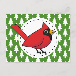 Cartoon Red Cardinal on Green White Pines Pattern Postcard