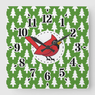 Cartoon Red Cardinal on Green White Pines Pattern Square Wall Clock