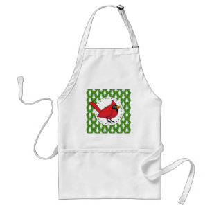 Cartoon Red Cardinal on Green White Pines Pattern Standard Apron