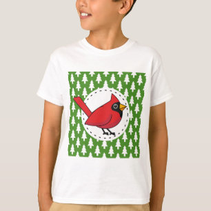 Cartoon Red Cardinal on Green White Pines Pattern T-Shirt