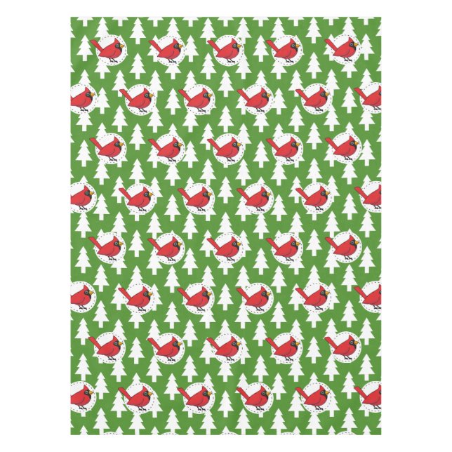 Cartoon Red Cardinal on Green White Pines Pattern Tablecloth (Front)