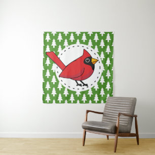 Cartoon Red Cardinal on Green White Pines Pattern Tapestry