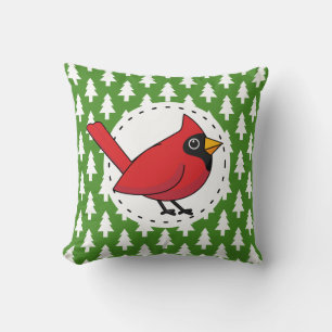 Cartoon Red Cardinal on Green White Pines Pattern Throw Pillow