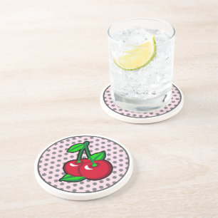 Cartoon Red Green Black Cherries Fruit Vector Art Coaster