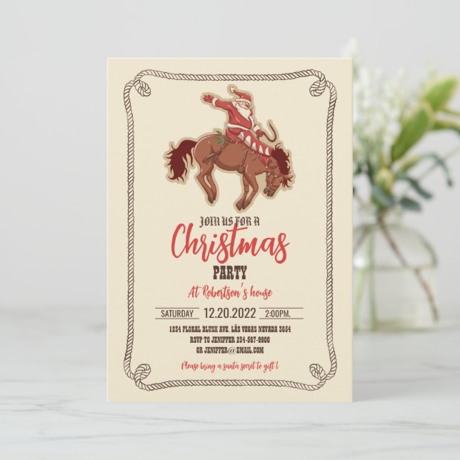 Cartoon red santa claus ryding on horse       invitation (Standing Front)