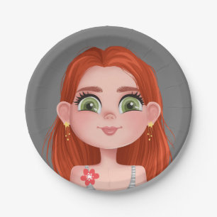 Cartoon Redhead Girl For Birthday Paper Plate