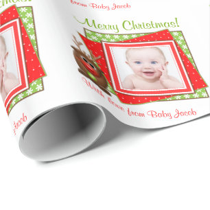 Cartoon Reindeer Baby Photo Personalized Christmas Wrapping Paper