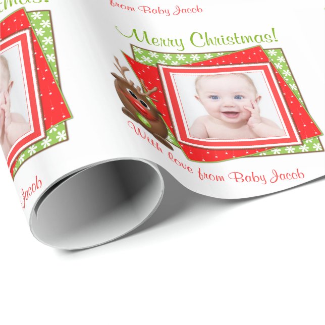 Cartoon Reindeer Baby Photo Personalized Christmas Wrapping Paper (Roll Corner)