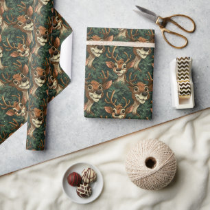 Cartoon Reindeer Christmas Seamless Pattern Dark Wrapping Paper