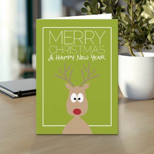 Cartoon Reindeer with Merry Christmas and New Year Holiday Card