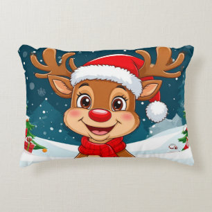 Cartoon Reindeer With Santa Hat Accent Pillow