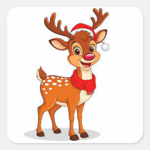 Cartoon Reindeer With Santa Hat and Scarf Square Sticker