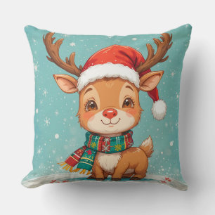 Cartoon Reindeer With Santa Hat Throw Pillow