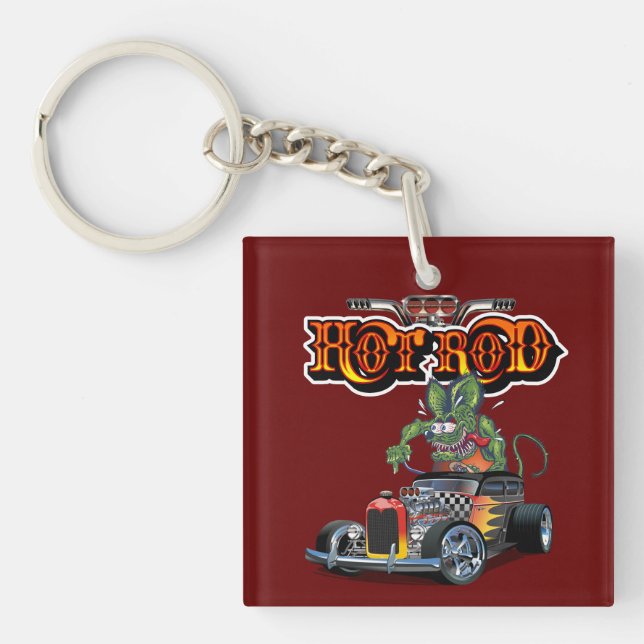 Cartoon retro hot rod keychain (Front)