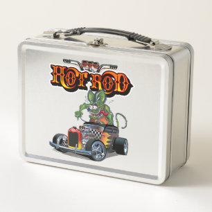 Cartoon retro hot rod metal lunch box