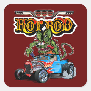 Cartoon retro hot rod square sticker