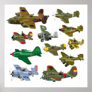 Cartoon retro military airplanes poster