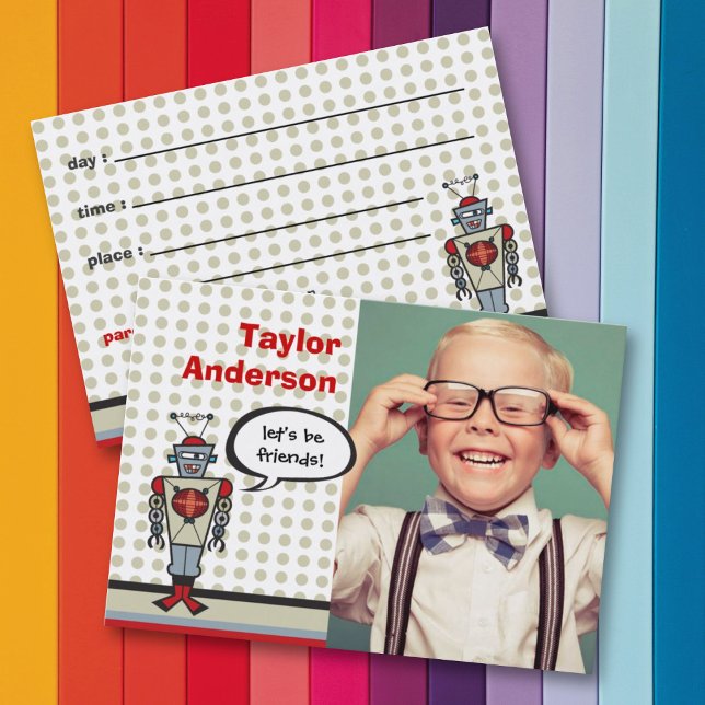 Cartoon Retro Robot Fun Kids Photo Playdate Card (Creator Uploaded)