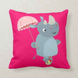 Cartoon Rhino With Umbrella on Unicycle Pillow