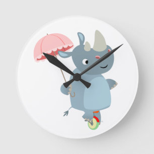 Cartoon Rhino With Umbrella on Unicycle Wall Clock
