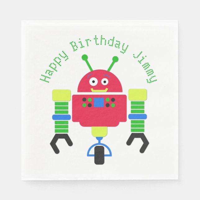 Cartoon Robot Birthday Party Paper Napkins (Front)