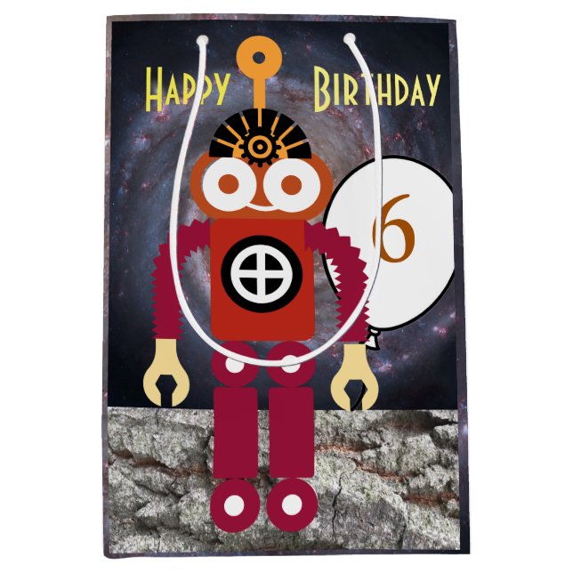 Cartoon Robot Editable Children’s Birthday   Medium Gift Bag (Front)