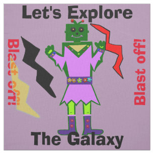 Cartoon Robot Girl Alien Blast Off Purple Fabric