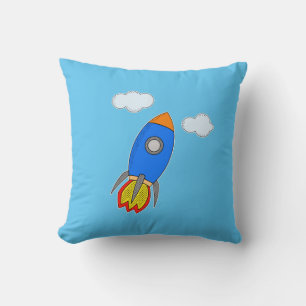 Cartoon Rocket And Clouds Throw Pillow