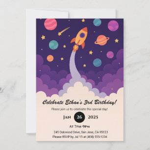 Cartoon Rocket & Colourful Galaxy Birthday  Invitation