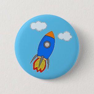 Cartoon Rocket In Blue Sky 2 Inch Round Button