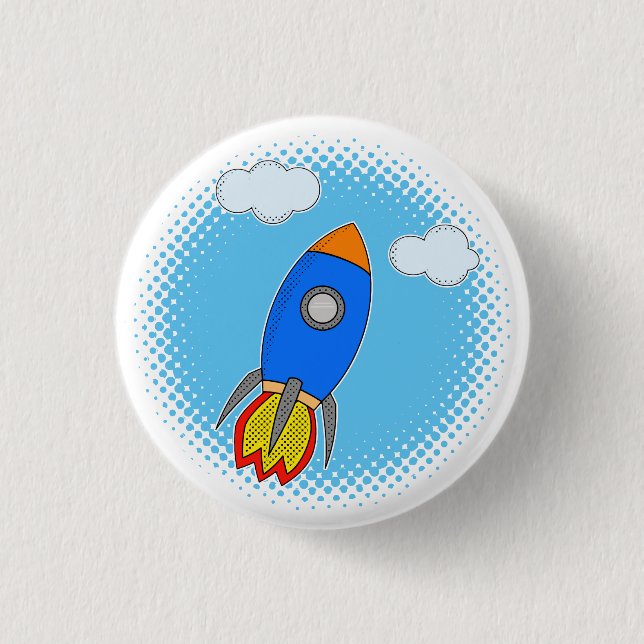 Cartoon Rocket In Blue Sky Halftones 1 Inch Round Button (Front)