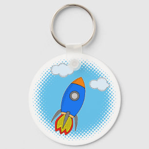 Cartoon Rocket In Blue Sky Halftones Keychain