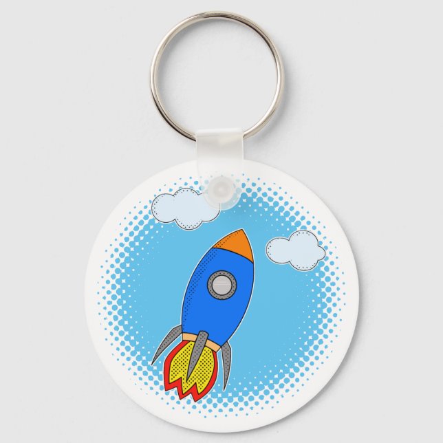 Cartoon Rocket In Blue Sky Halftones Keychain (Front)