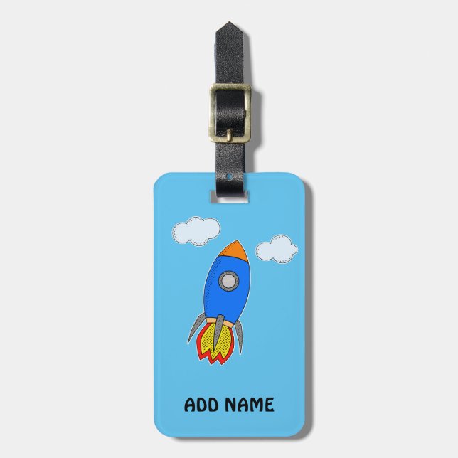 Cartoon Rocket In Blue Sky Luggage Tag (Front Vertical)