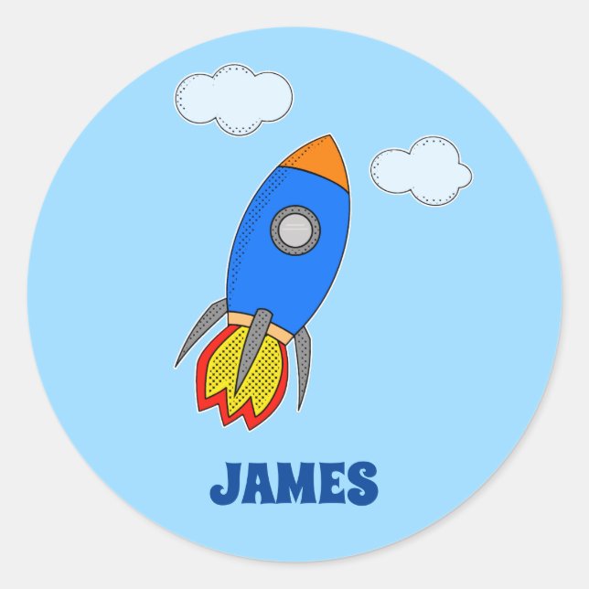 Cartoon Rocket In Blue Sky Nursery Decor Editable Classic Round Sticker (Front)